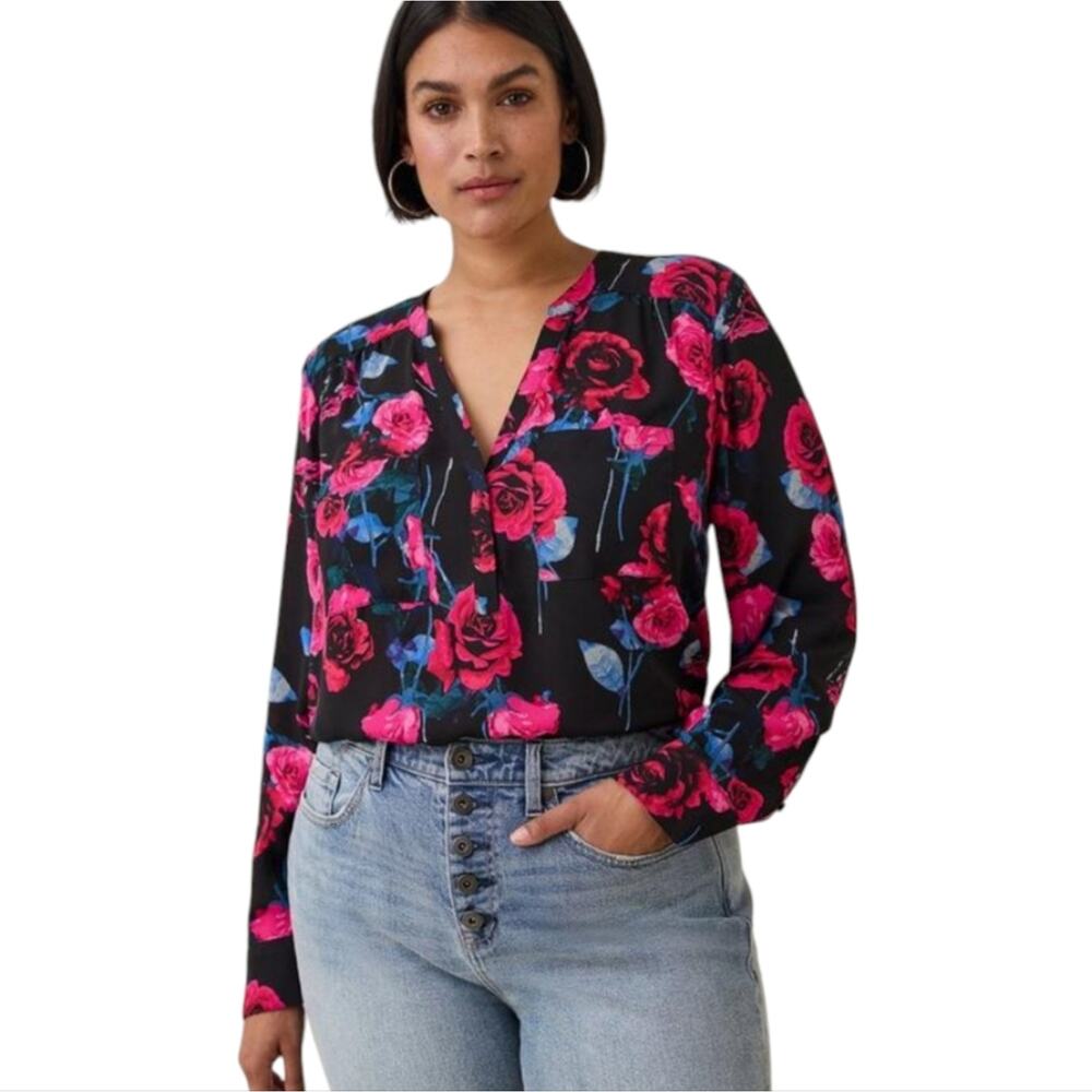 Torrid Harper Pink Blue Black Floral Georgette Pullover Long Sleeve Blouse 1X